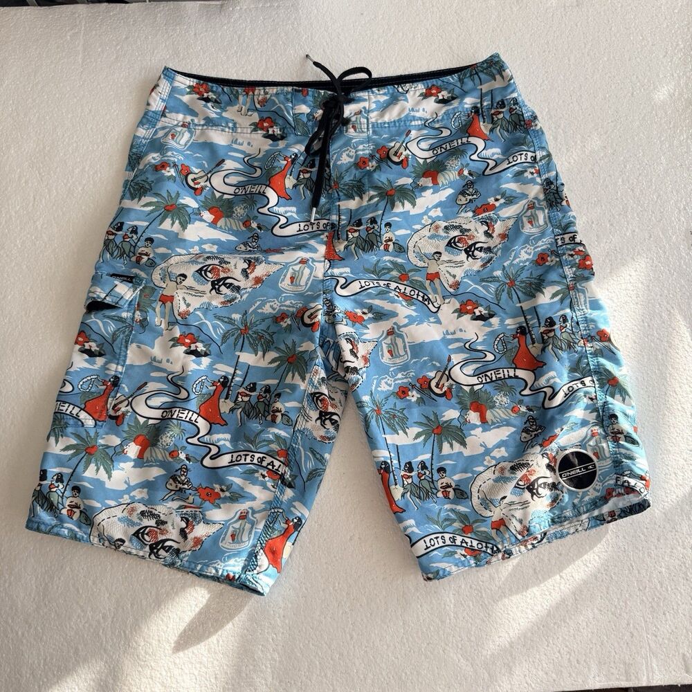 O'Neill Men's 32 Banner Boardshorts Lots Of Aloha Hawaiian Style Surfing Pattern
